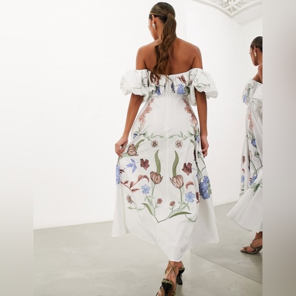 ASOS EDITION floral embroidered bardot puff sleeve midi dress in white - Picture 2 of 6